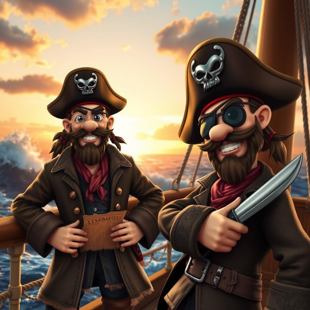 An adventurous pirate character, featuring a classic pirate hat adorned with a skull motif, and a rugged eyepatch covering one eye