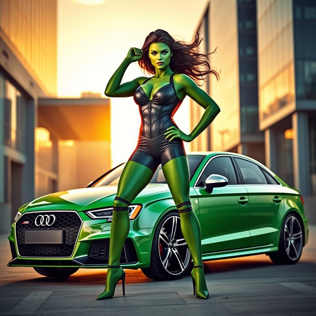 A powerful and dramatic scene featuring She-Hulk, a strong and confident superheroine with green skin, standing gracefully next to a sleek green Audi RS3 sedan