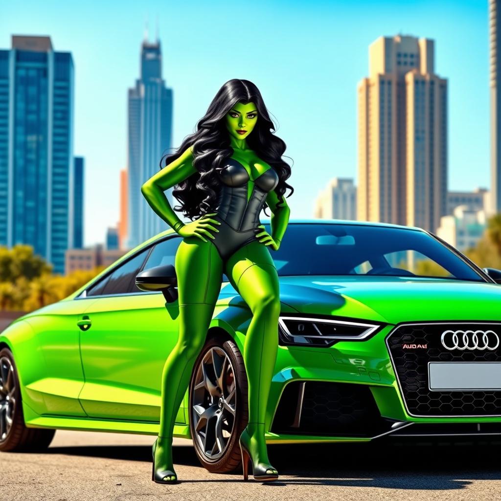 She Hulk, a tall, muscular green woman with long dark hair and wearing a stylish superhero outfit, confidently standing next to a sleek green Audi RS3 sedan
