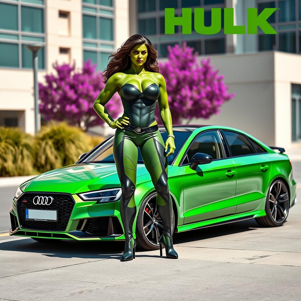 A powerful She-Hulk, characterized by her tall stature, muscular build, and iconic green skin, stands confidently next to a sleek green Audi RS3 sedan