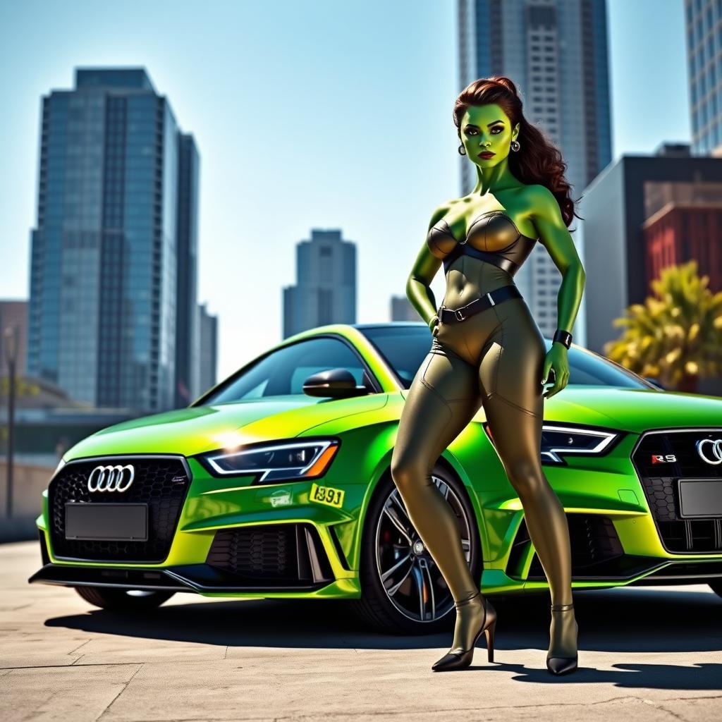 A powerful and striking She-Hulk stands confidently next to a sleek green Audi RS3 sedan