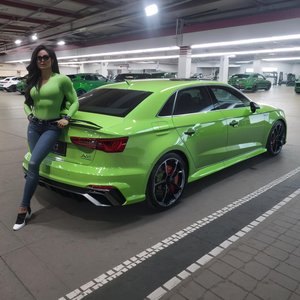 She hulk standing next to a green audi rs3 sedan
