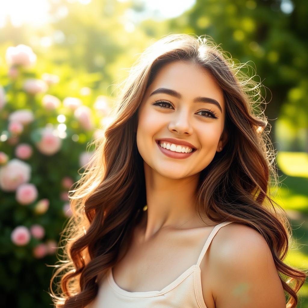 A serene portrait of a young woman with a joyful expression