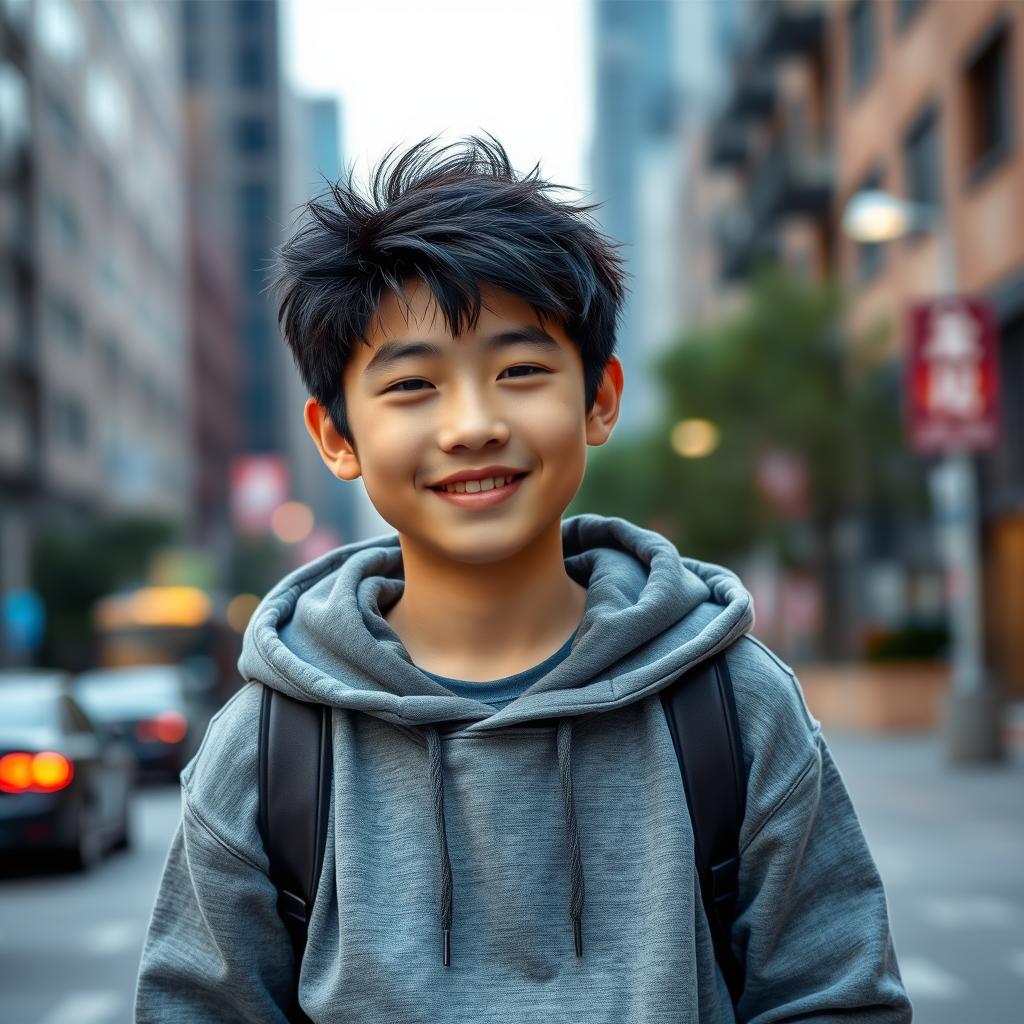 A handsome 18-year-old Chinese boy with a charming face, fluffy black hair, wearing a cozy hoodie and comfortable sweatpants