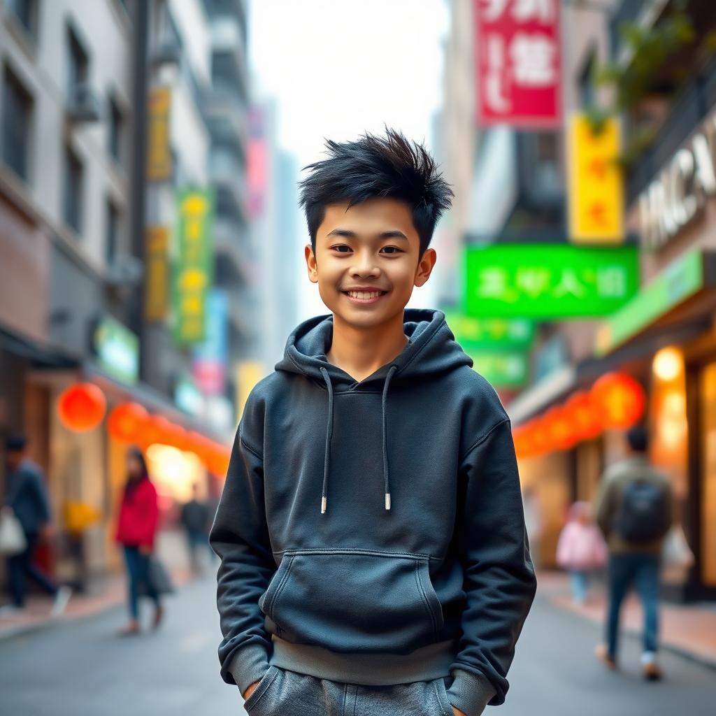 A handsome teenage Chinese boy with a charming face and fluffy black hair, dressed in a stylish hoodie and comfortable sweatpants
