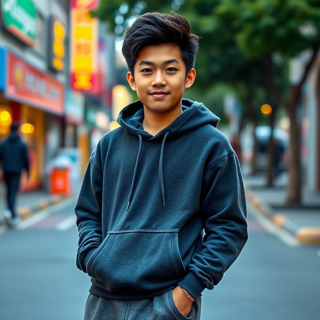 A tall and handsome teenage Chinese boy with a charming face and fluffy black hair, dressed in a stylish hoodie and comfortable sweatpants
