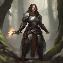 An unarmed dwarven female kineticist, shrouded in substantial heavy armor, manipulates her connection to nature, causing leaves and rocks to undulate around her, sans any notion of fire in this harmonious tableau.