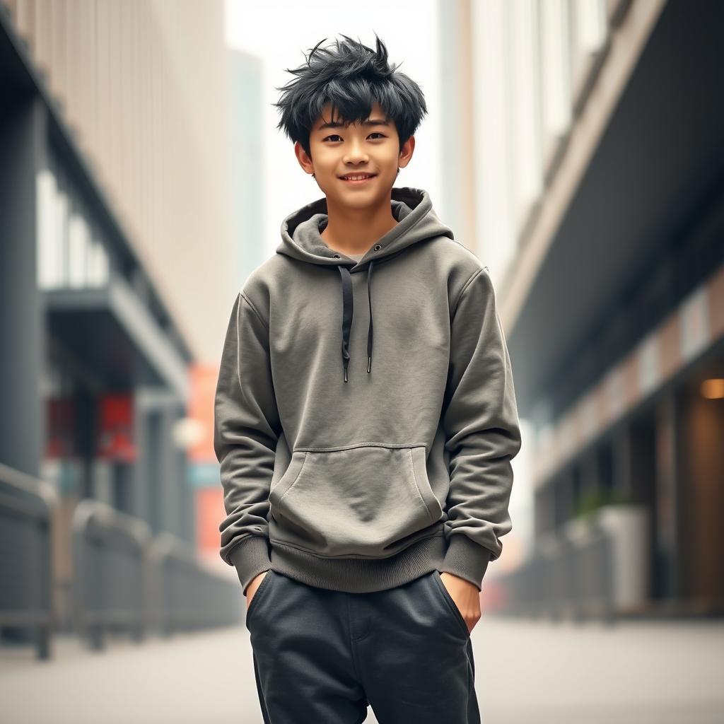 A tall and handsome teenage Chinese boy with fluffy black hair and a smooth, fair complexion, reminiscent of popular Douyin aesthetics