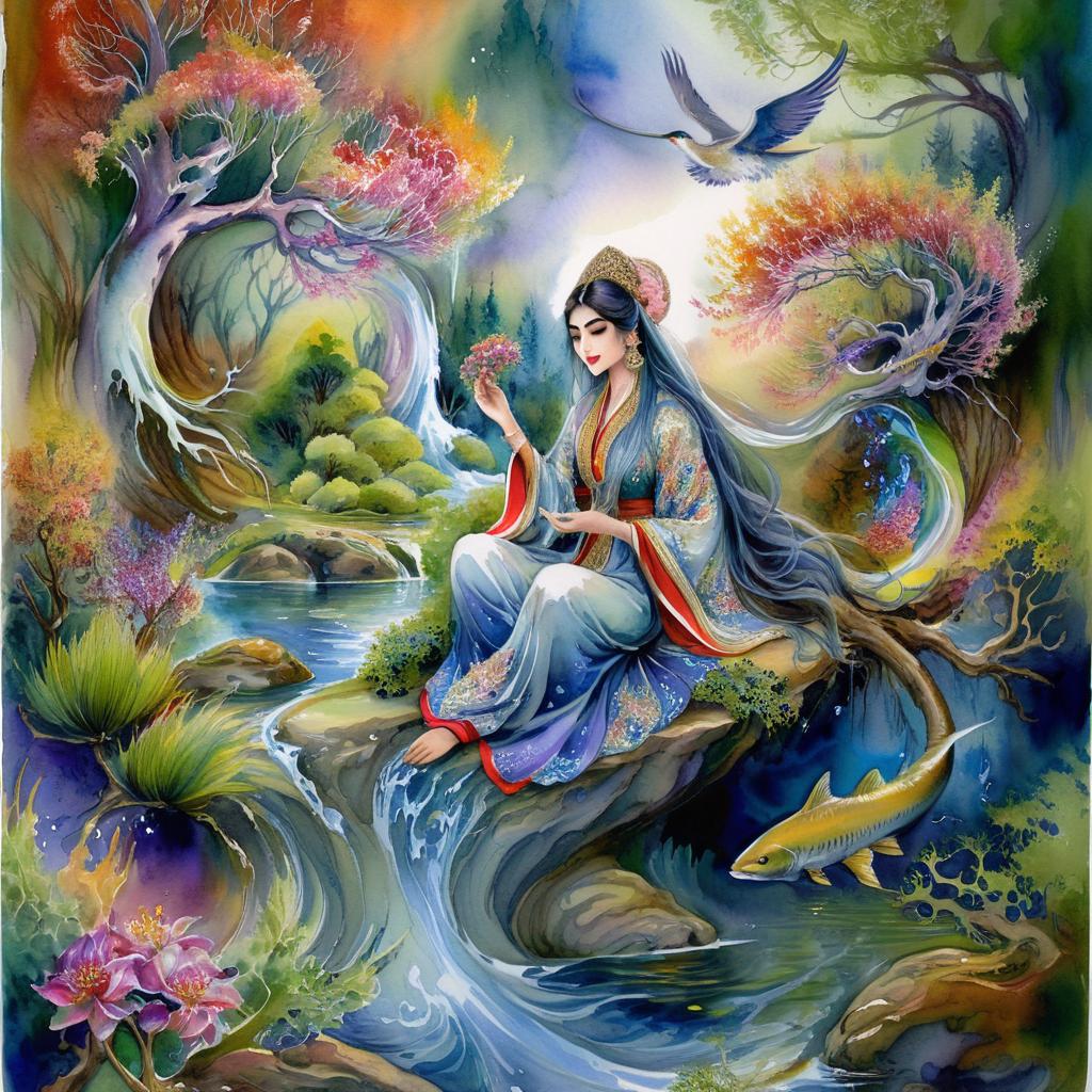 Mystical and spiritual watercolor painting of a beautiful Iranian woman sitting on a rock on a beautiful and peaceful pond in a dense forest with cypress trees, plane trees, grapevines, winding bonsai trees, and a whirlwind of colorful flowers and beautiful.