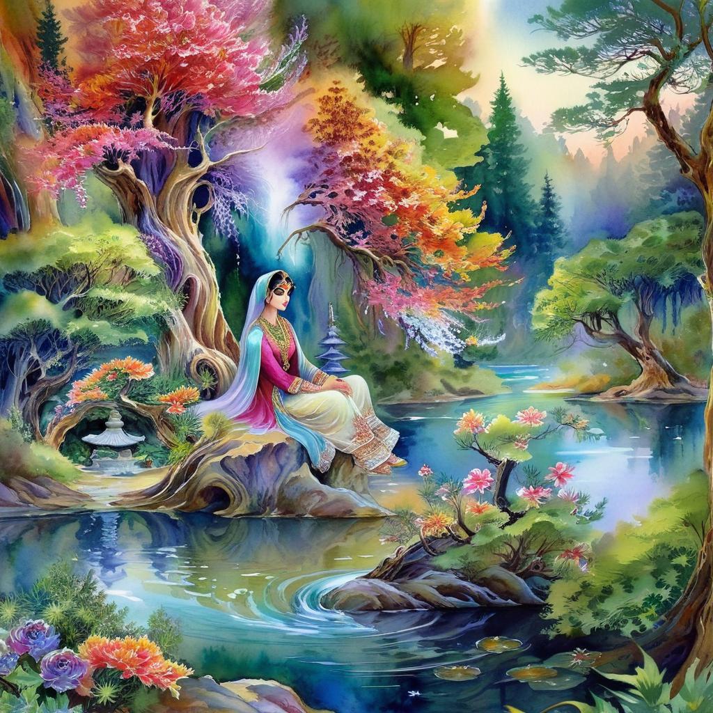 Mystical and spiritual watercolor painting of a beautiful Iranian woman sitting on a rock on a beautiful and peaceful pond in a dense forest with cypress trees, plane trees, grapevines, winding bonsai trees, and a whirlwind of colorful flowers and beautiful.
