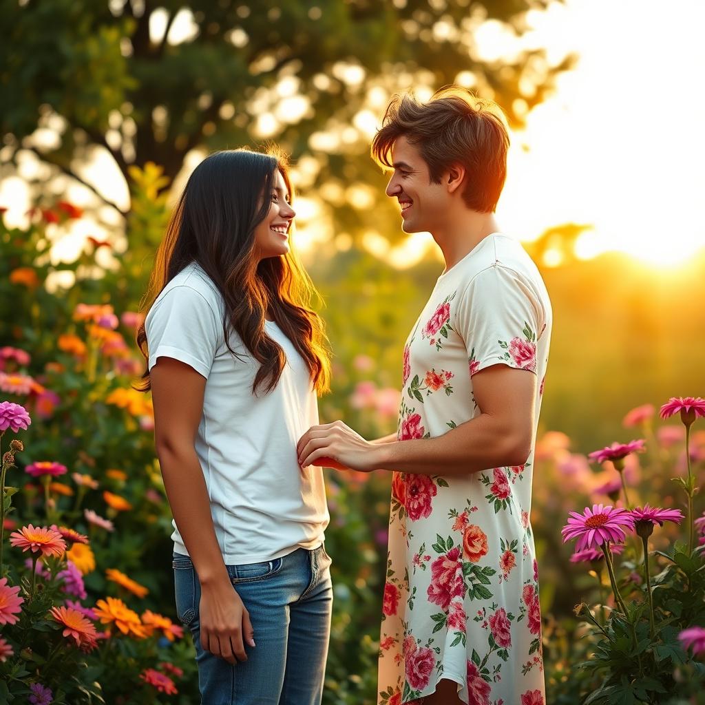 A harmonious scene depicting two individuals together in a beautiful outdoor setting, surrounded by vibrant flowers and lush greenery