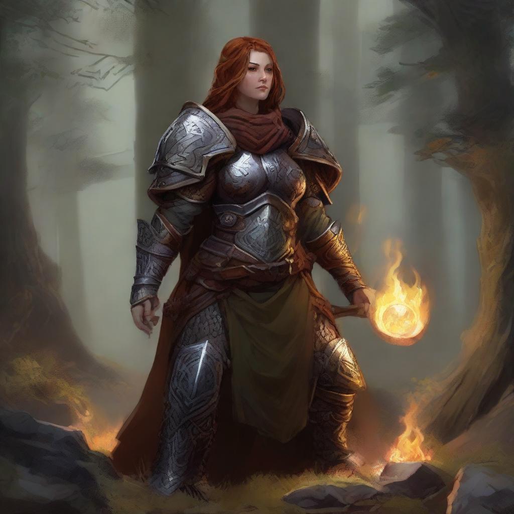 An unarmed dwarven female kineticist, shrouded in substantial heavy armor, manipulates her connection to nature, causing leaves and rocks to undulate around her, sans any notion of fire in this harmonious tableau.