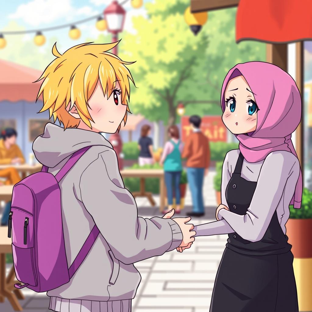 In an anime style, depict a first meeting between two characters in a friendly, vibrant setting