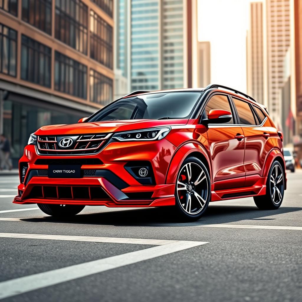 A vibrant and dynamic image of a Cherry Tiggo 4 SUV equipped with a sporty body kit