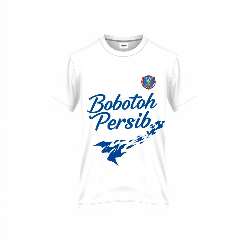 An elegant white t-shirt design themed around Bobotoh Persib, incorporating elements representing the iconic characteristics of the team such as the blue and white color scheme, the club logo subtly integrated into the design, and artistic representations of local culture and football pride