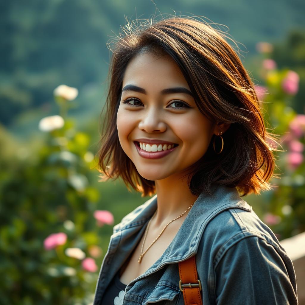 A portrait of a person with a friendly expression, shot from a distance to capture their upper body with a scenic background