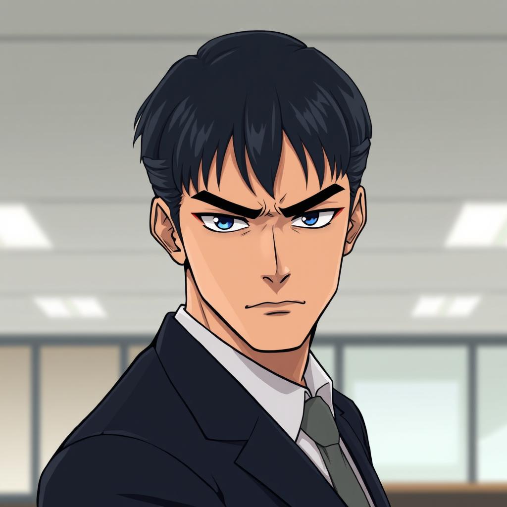A stern looking adult male CEO with sleek, short black hair styled in parted bangs