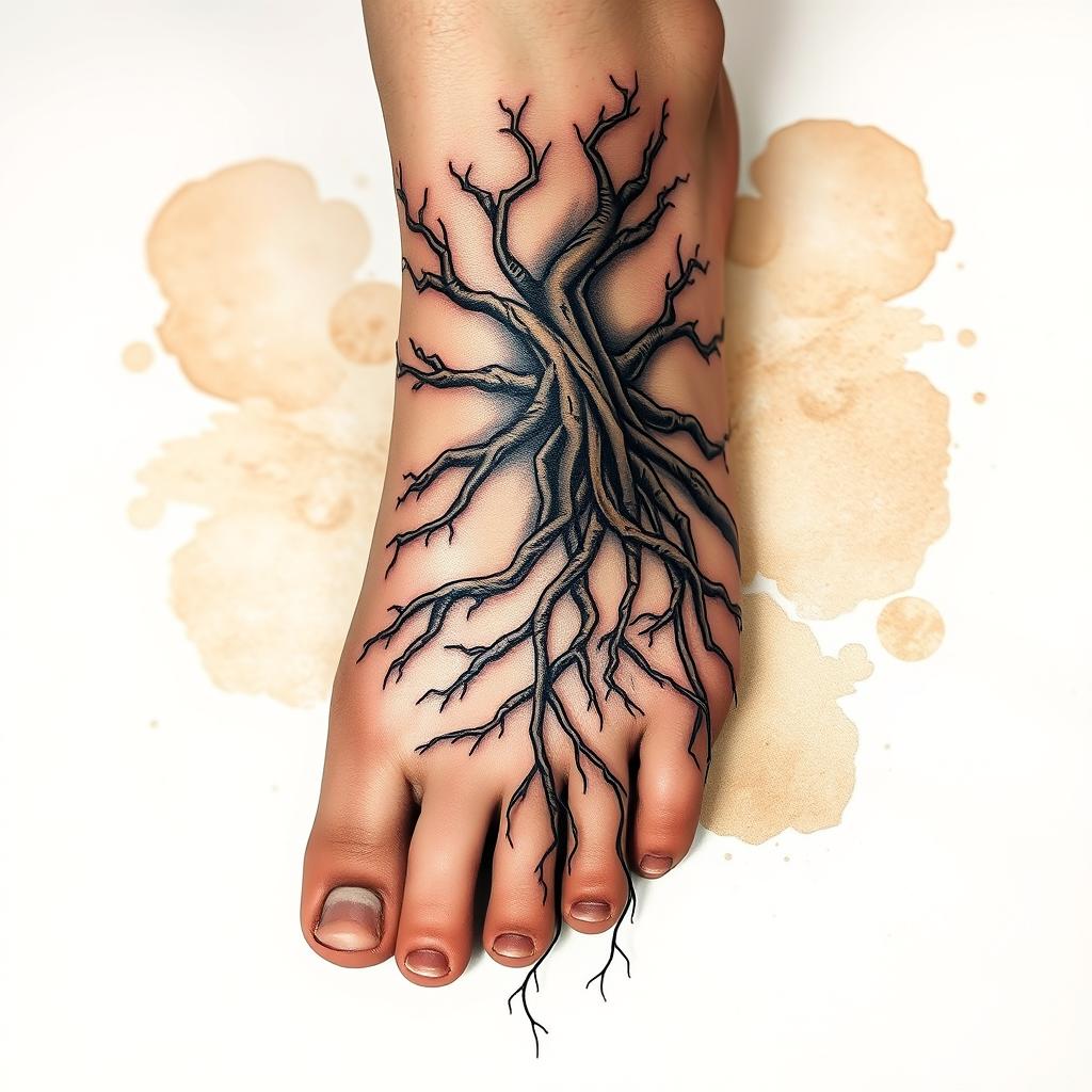 A beautifully detailed tattoo design of a root system elegantly wrapping around the foot, showcasing intricate lines and shading
