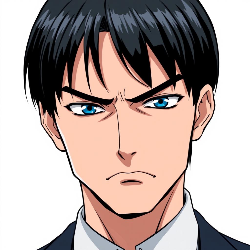 A white, stern-looking adult male CEO with sleek, short black hair and parted bangs
