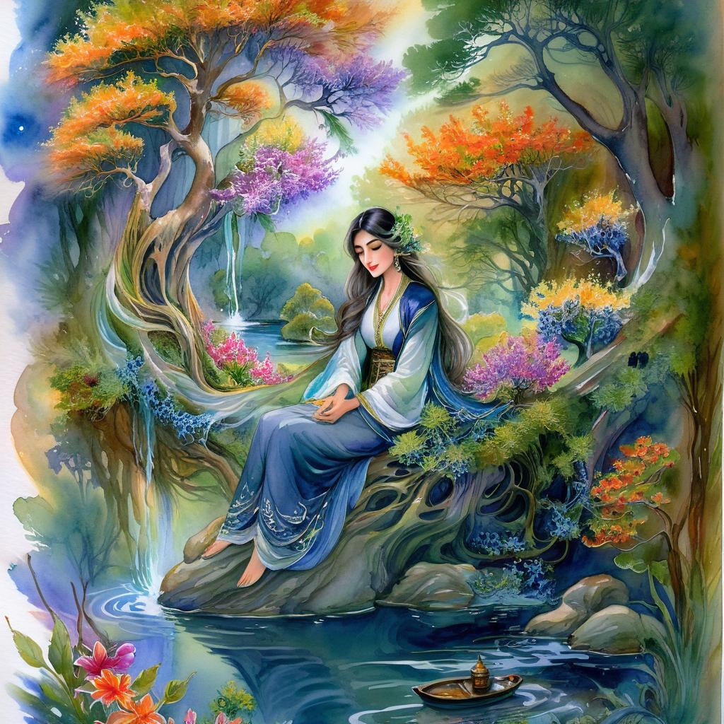 Mystical and spiritual watercolor painting of a beautiful Iranian woman sitting on a rock on a beautiful and peaceful pond in a dense forest with cypress trees, plane trees, grapevines, winding bonsai trees, and a whirlwind of colorful flowers and beautiful.