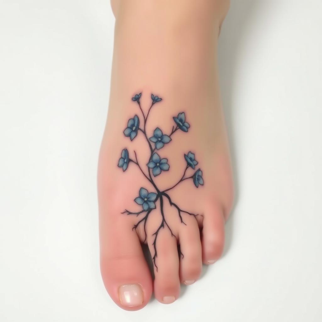 A subtle and elegant tattoo design featuring delicate blue flowers intertwined with a graceful root system on the foot