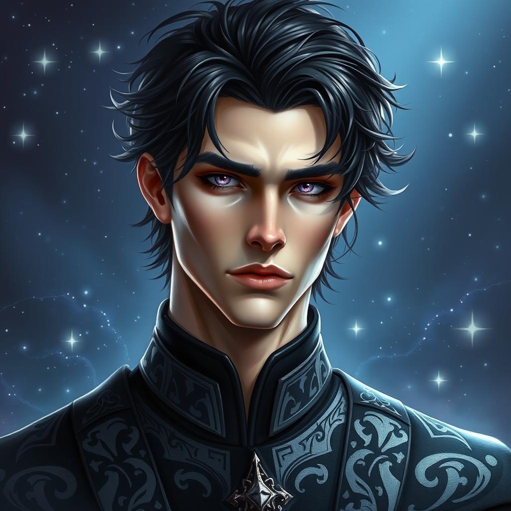 A fantasy portrait of a tall, dark-haired male with striking features reminiscent of Rhysand from A Court of Thorns and Roses