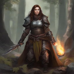 An unarmed dwarven female kineticist, shrouded in substantial heavy armor, manipulates her connection to nature, causing leaves and rocks to undulate around her, sans any notion of fire in this harmonious tableau.