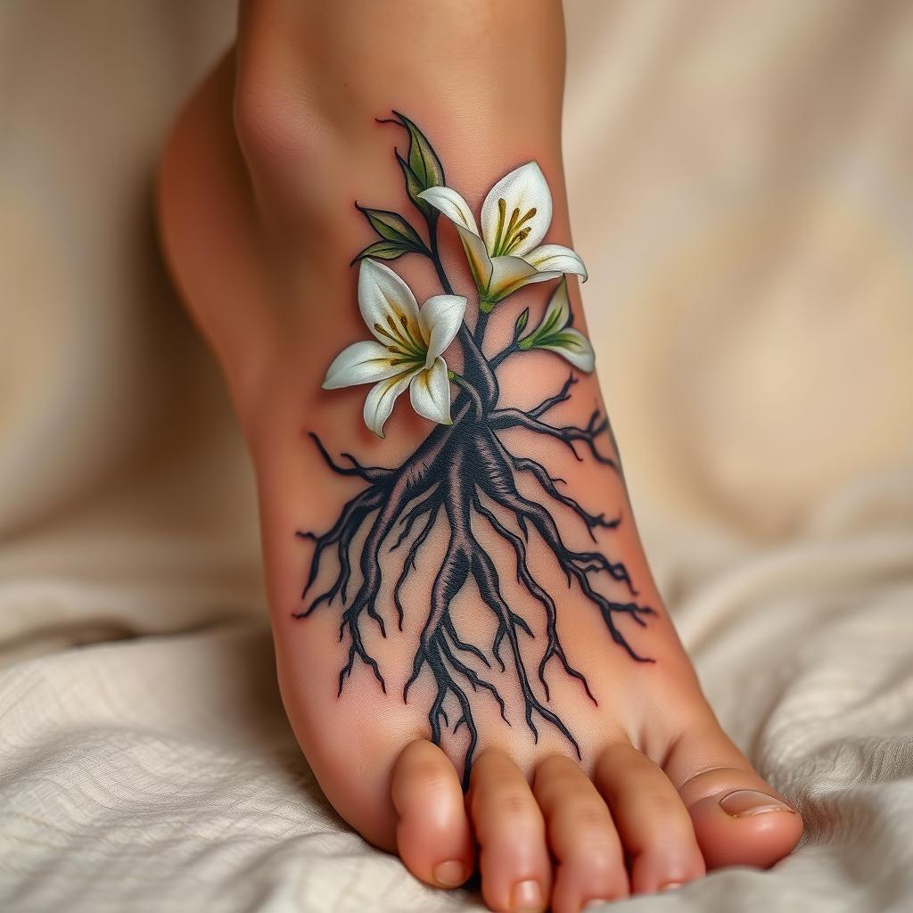 A beautifully designed tattoo featuring an intricate root motif intertwined with elegant white lilies, displayed on an exposed foot
