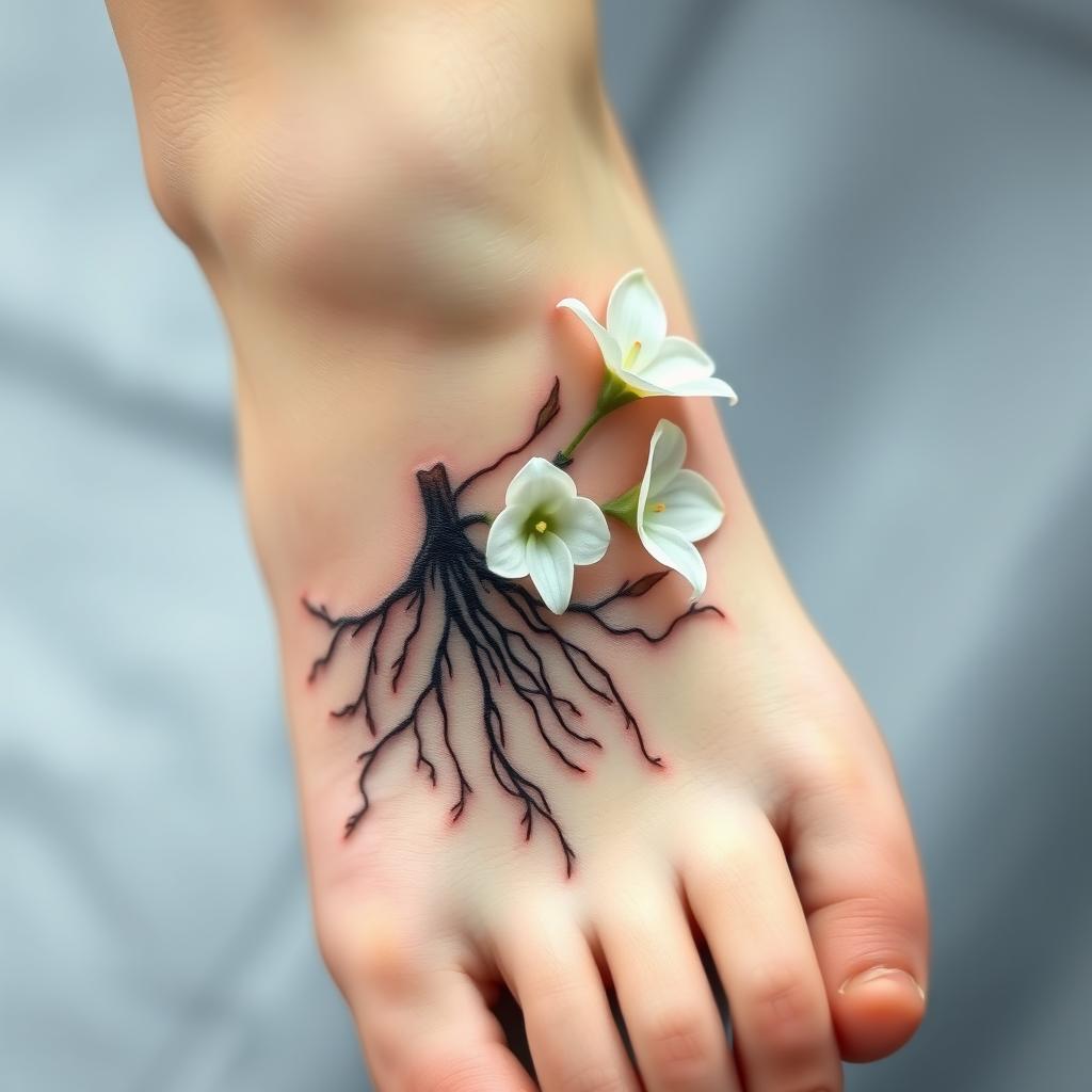 A discreet tattoo design located on the inner side of a foot, featuring delicate roots intertwined with elegant white lilies
