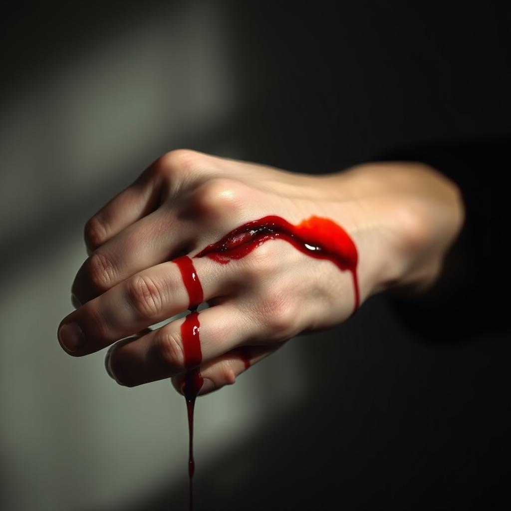 A striking close-up of a hand with a deep cut, blood oozing from the wound