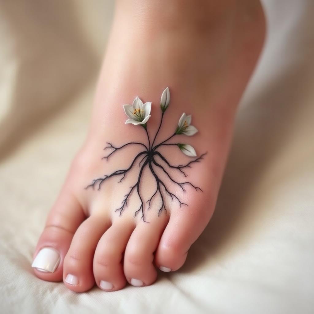 A discreet tattoo design showcasing intricate roots intertwined with elegant white lilies, located on the inner side of a foot