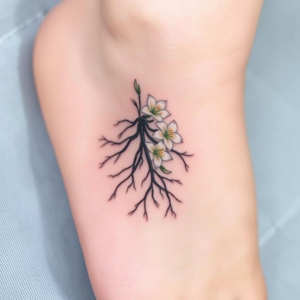 A discreet tattoo design featuring intricate roots intertwined with elegant white lilies, located on the inner side of a foot