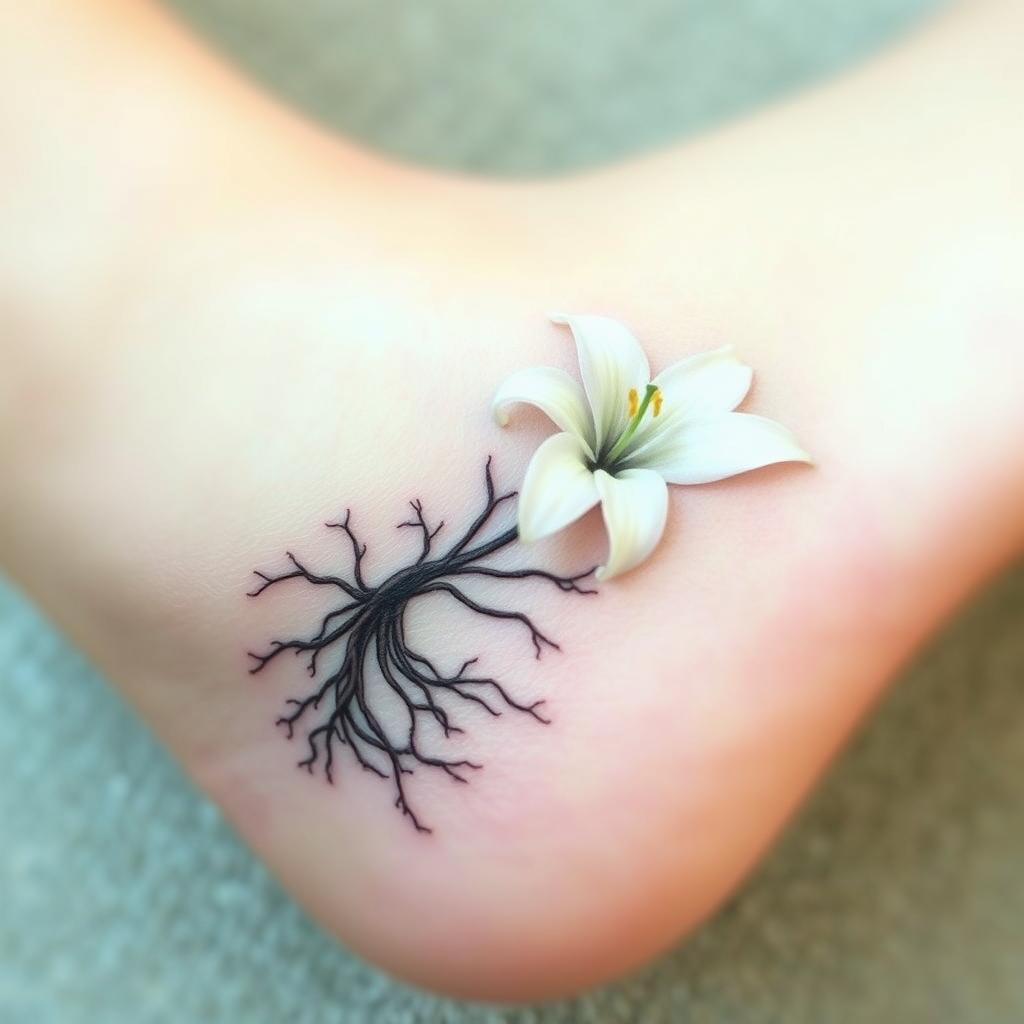 A discreet tattoo design featuring intricate roots intertwined with elegant white lilies, positioned on the inner side of a foot