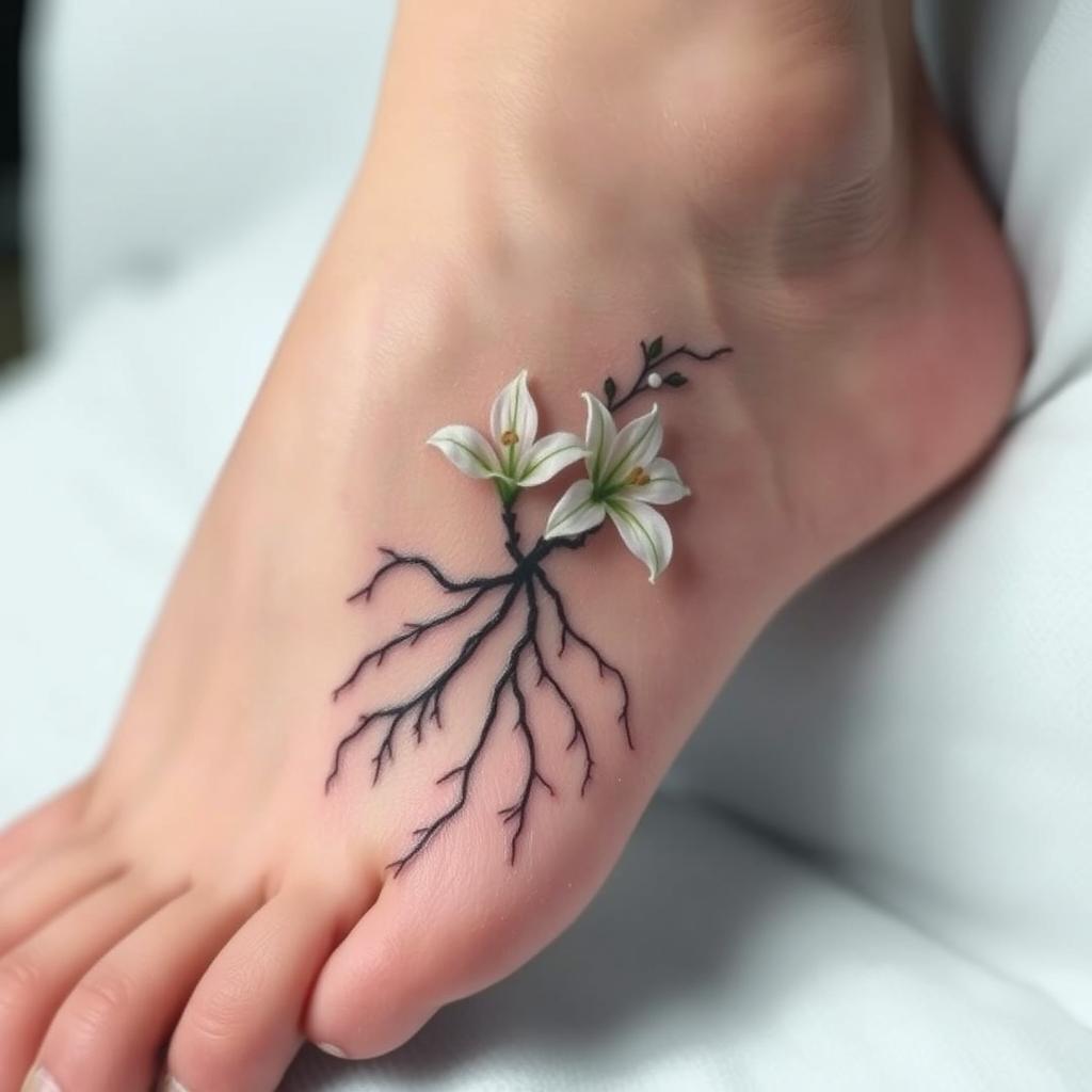 A discreet tattoo design featuring delicate roots elegantly intertwined with beautiful white lilies, placed on the inner side of a foot