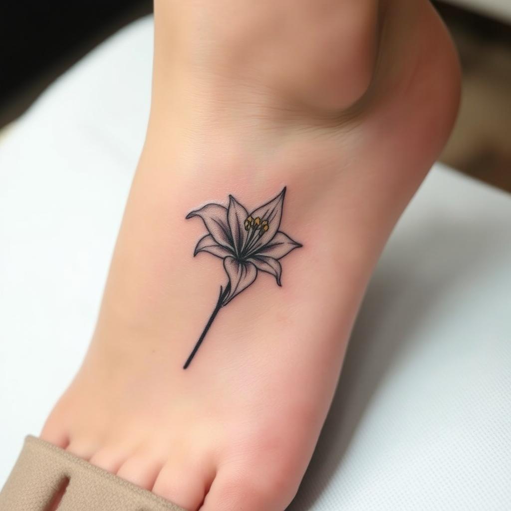 A discreet tattoo design featuring a single elegant white lily, positioned on the inner side of a foot