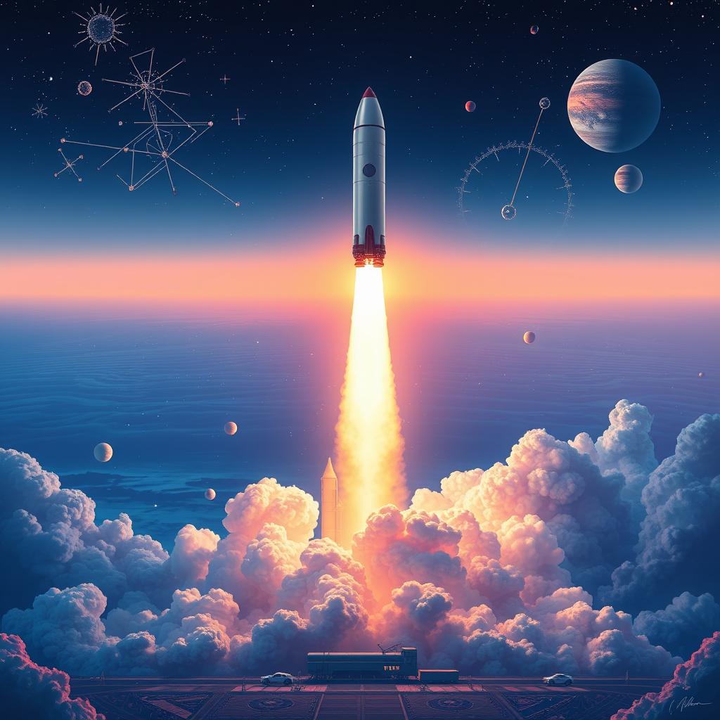 A vibrant digital art poster depicting a spectacular rocket launch to space