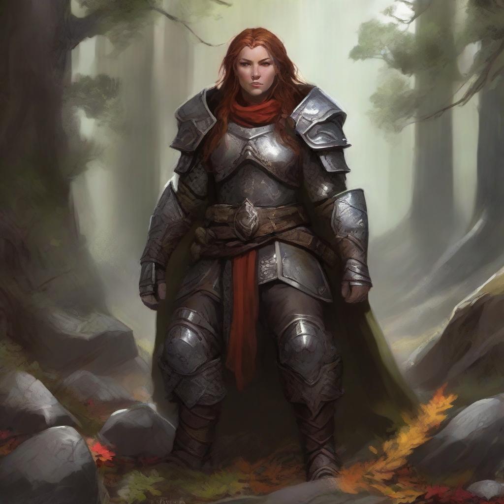 An unarmed dwarven female kineticist, shrouded in substantial heavy armor, manipulates her connection to nature, causing leaves and rocks to undulate around her, sans any notion of fire in this harmonious tableau.