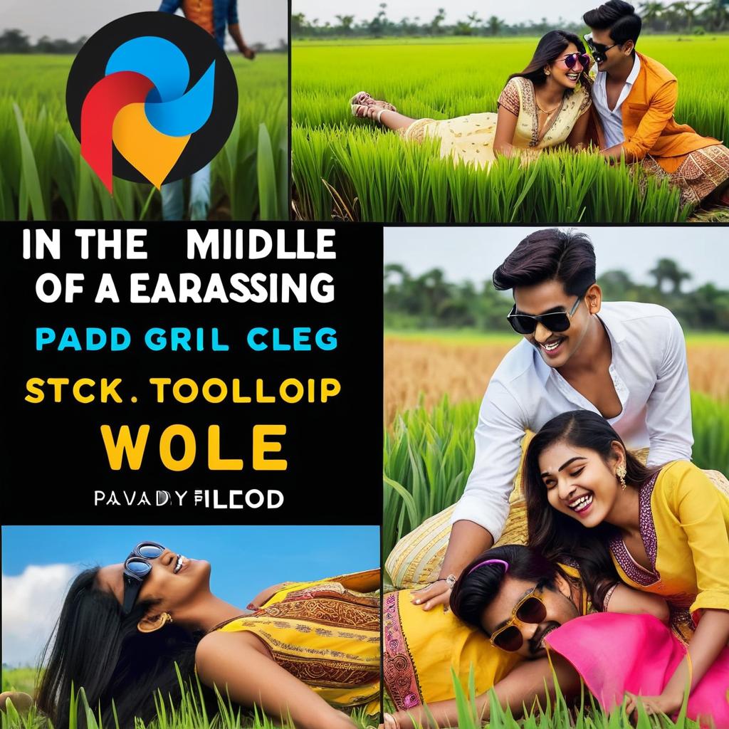 In the middle of a lush, expansive paddy field, a charming Indian boy and a 16-year-old Indian girl, both wearing stylish sunglasses, enjoy a playful moment. The girl, dressed in a vibrant yellow dress adorned with intricate patterns, lies across the boy's lap, joyfully kicking one leg into the air. He, in a crisp white shirt and casually cuffed jeans, smiles warmly down at her, holding her leg gently. The serene backdrop of endless green plants sways under a clear, bright sky, casting a lively and cheerful mood over the scene. The warm sunlight bathes the entire setting in a soft, golden hue, enhancing the vivid colors and joyful atmosphere of their idyllic moment together