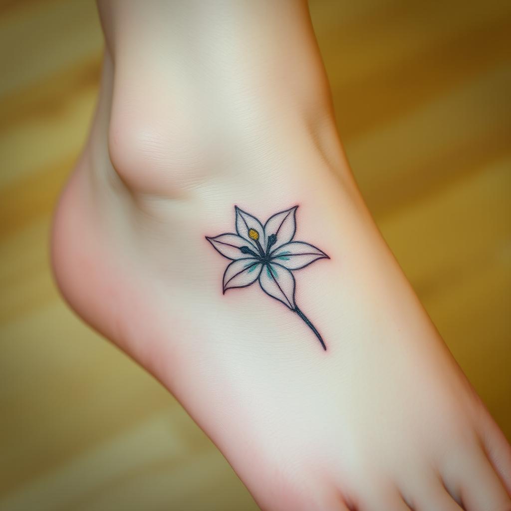 A discreet tattoo design featuring a single, elegant white lily placed gracefully on the foot