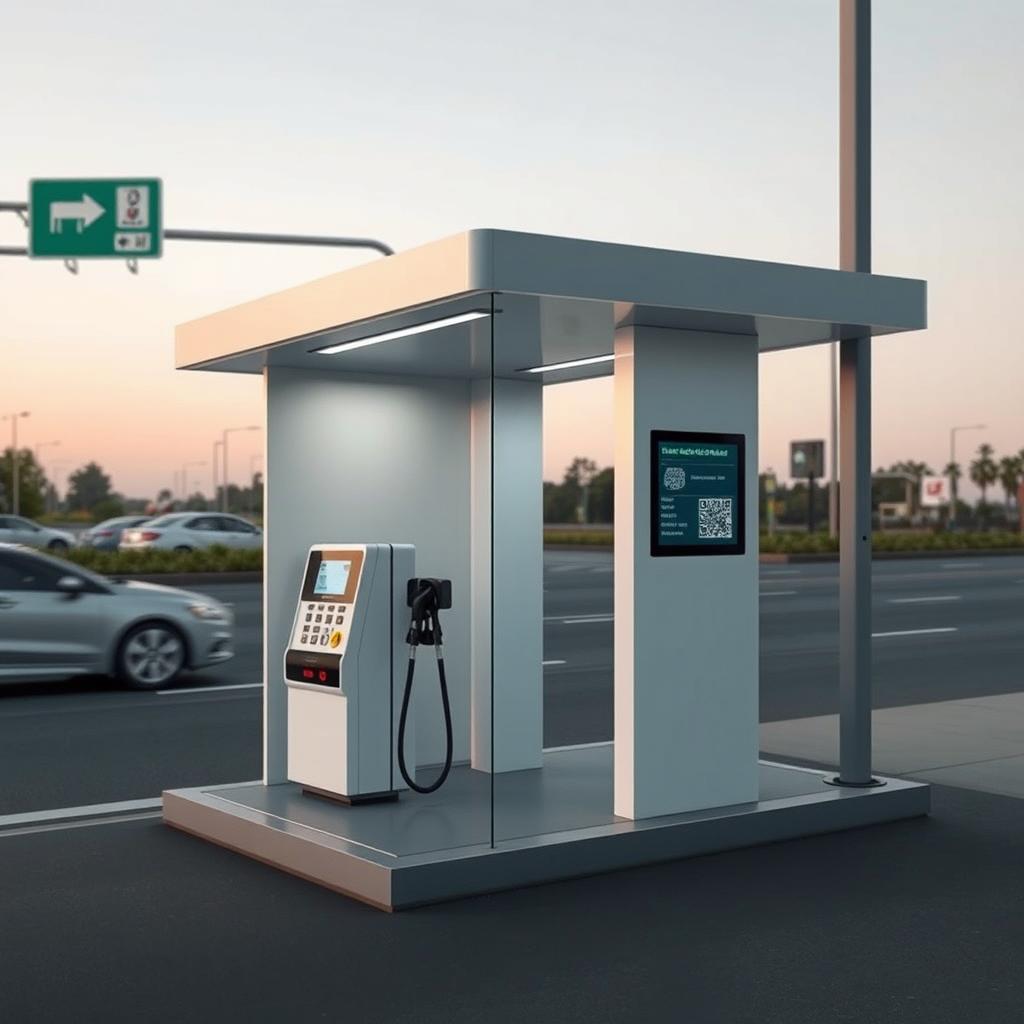 A modern and minimalistic fuel station designed for one car only, located next to a busy highway, resembling a bus stop