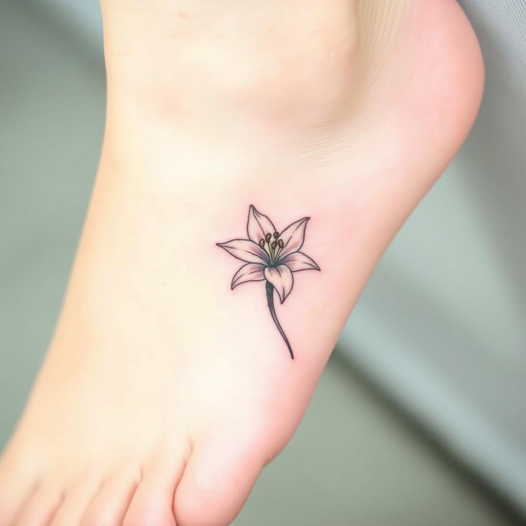 A discreet tattoo design featuring a single elegant white lily, artistically placed on the foot