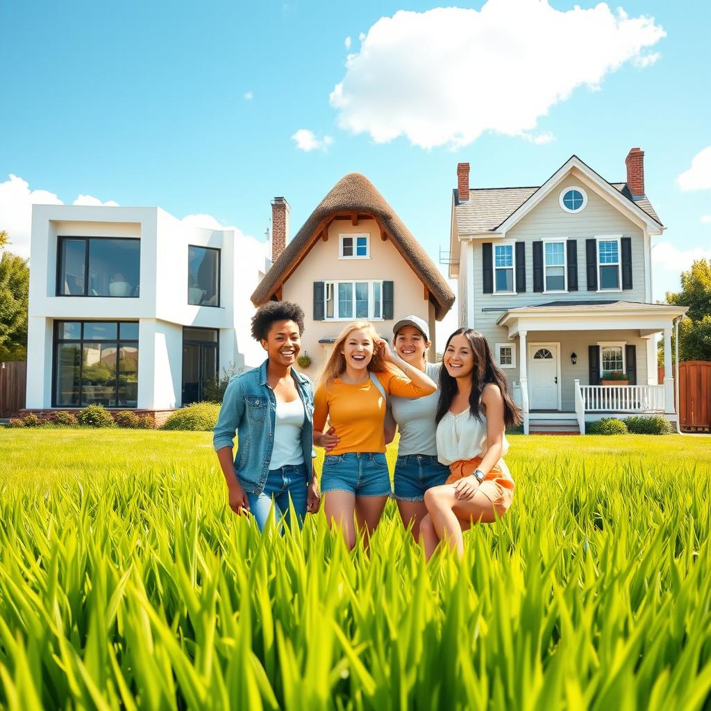 A lively scene depicting three friends hanging out in a sunny yard, surrounded by vibrant green grass