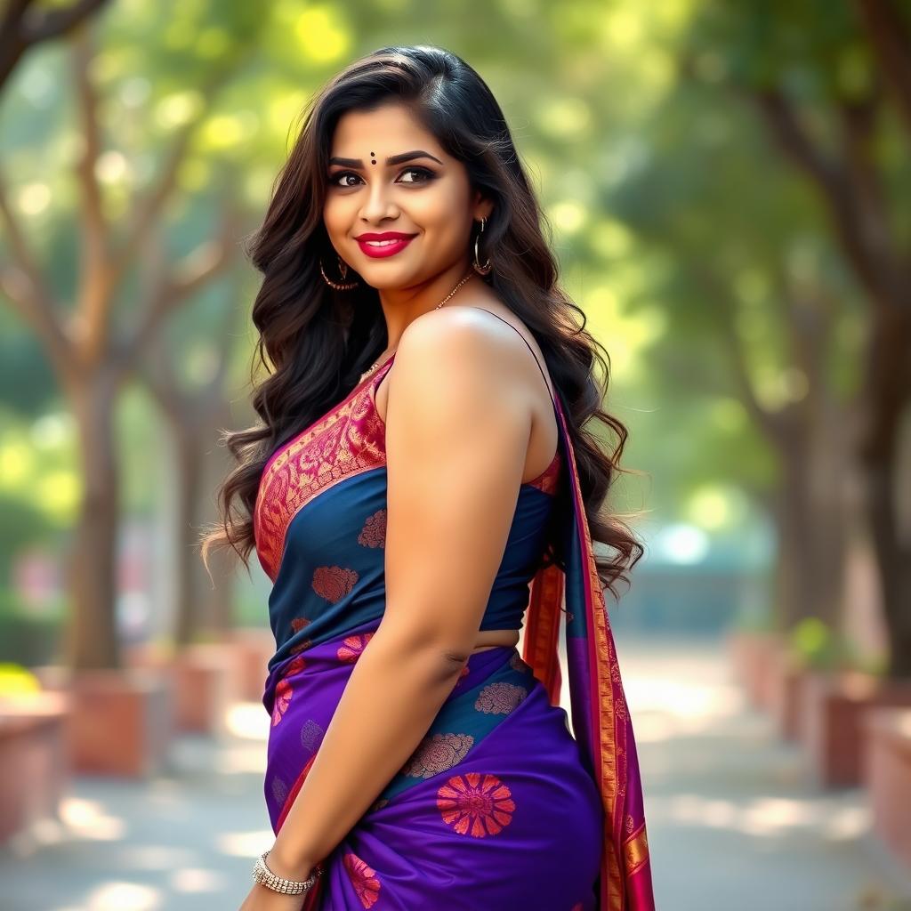 A beautiful 22-year-old woman with a curvy figure, featuring a stunning 34GG bust, wearing a traditional saree that elegantly drapes around her body