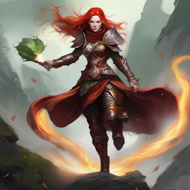 A fiery redhead dwarven female kineticist, unarmed and resplendent in heavy armor, orchestrates a swirling current of air, rich with levitating leaves and rocks, creating a captivating spectacle of her elemental bond.