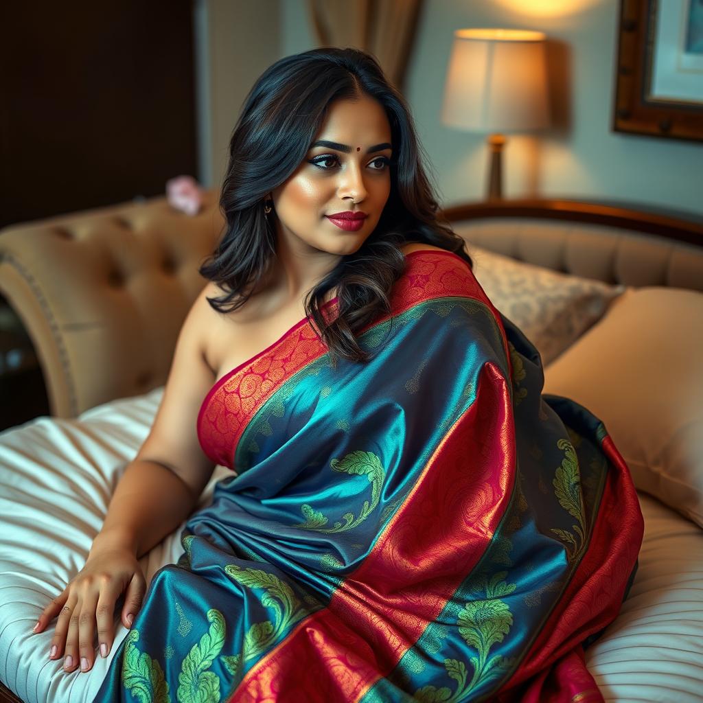 A 22-year-old woman with a curvy figure, featuring an alluring 34GG bust, elegantly draped in a vibrant saree that glistens, lying sideways on a plush bed