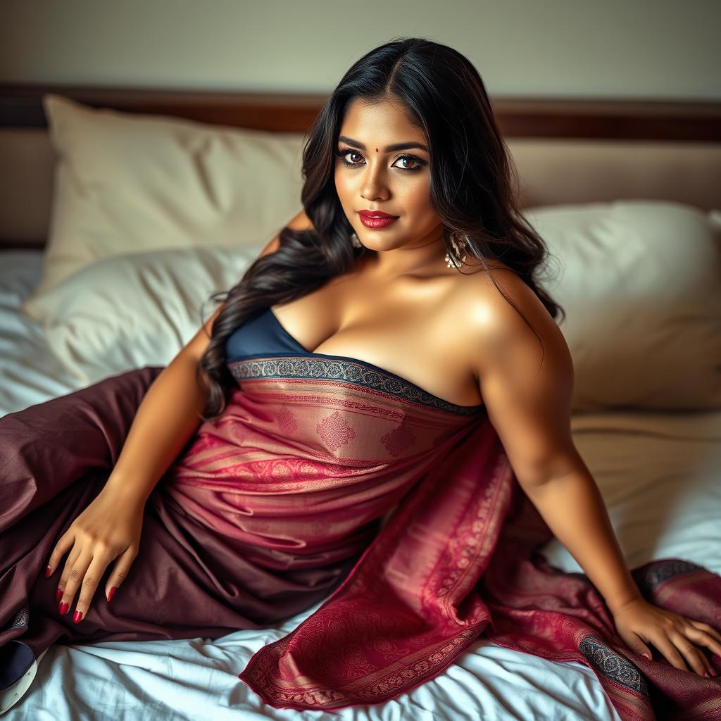 A stunning 22-year-old woman with a curvy figure and a 35H bust, gracefully lying sideways on a bed