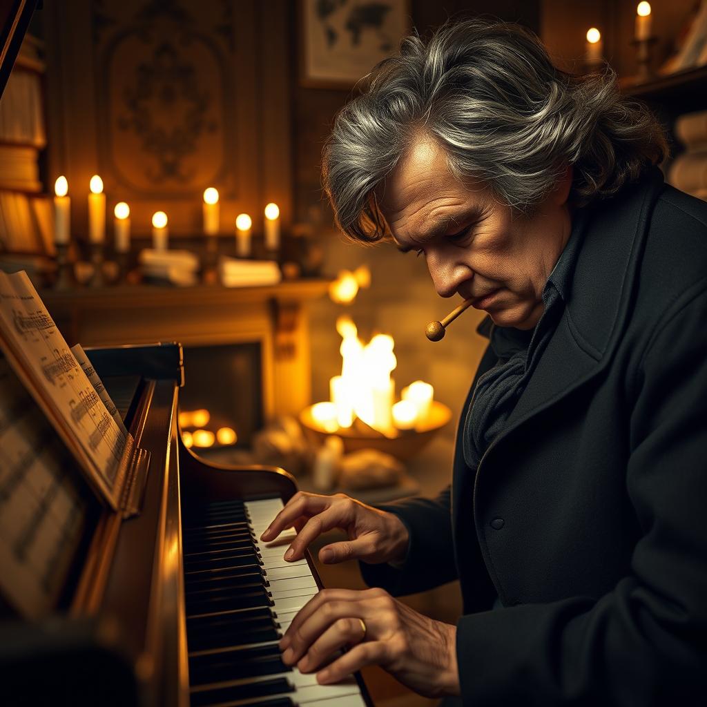 A close-up of a unique, historical scene featuring a passionate composer, resembling Beethoven, focusing intently at a grand piano