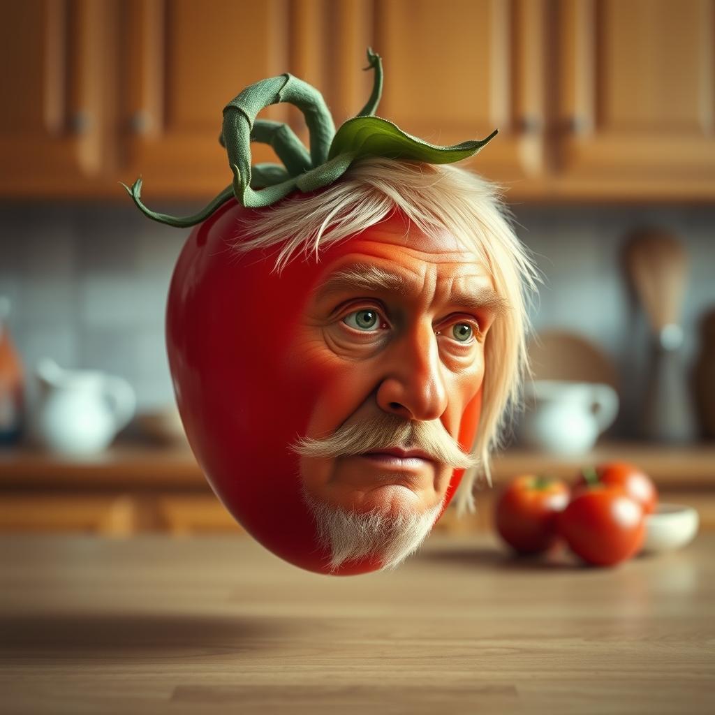 a whimsical, surrealistic artwork depicting the face of composer Franz Liszt intricately blended onto a ripe, vibrant tomato
