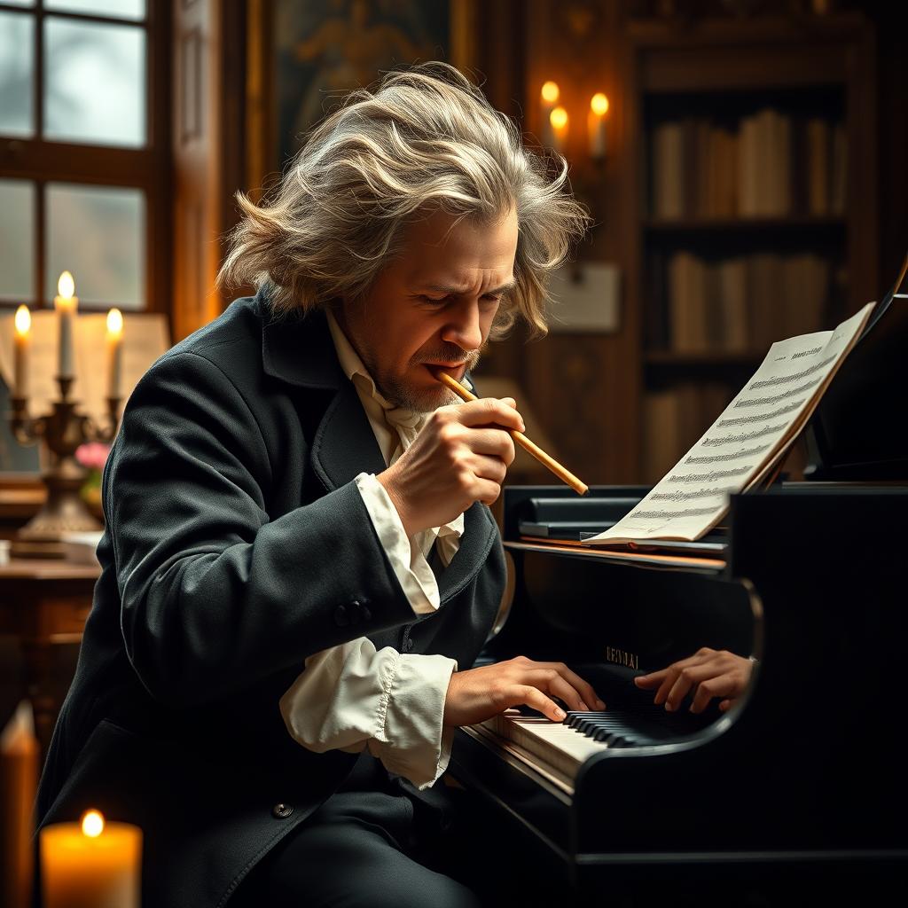 A striking portrayal of a passionate composer at a grand piano, embodying the spirit of creativity and determination