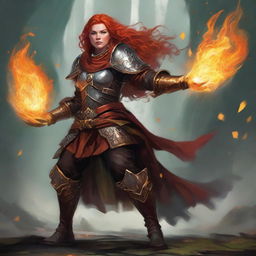 A fiery redhead dwarven female kineticist, unarmed and resplendent in heavy armor, orchestrates a swirling current of air, rich with levitating leaves and rocks, creating a captivating spectacle of her elemental bond.